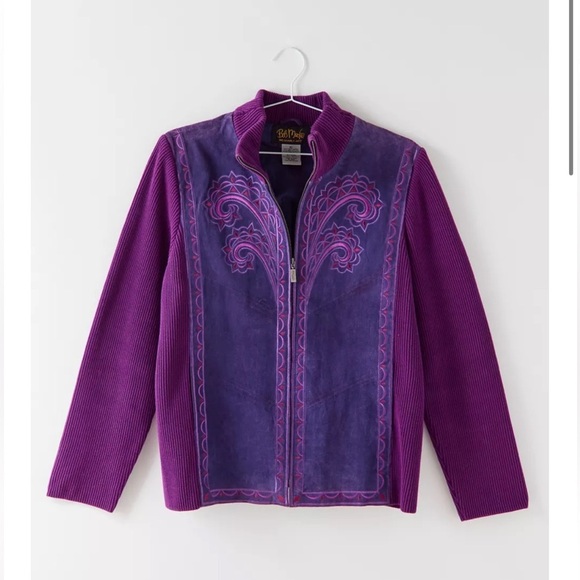 Vintage Bob Mackie Purple Suede Embroidered Full Zip Cardigan - Picture 1 of 9